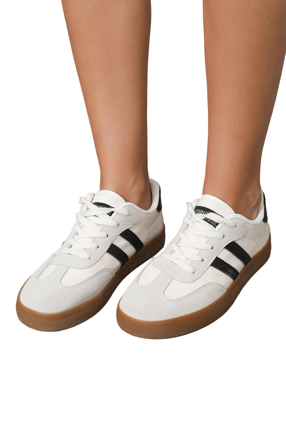 White Striped Lace Up Flat Sneakers