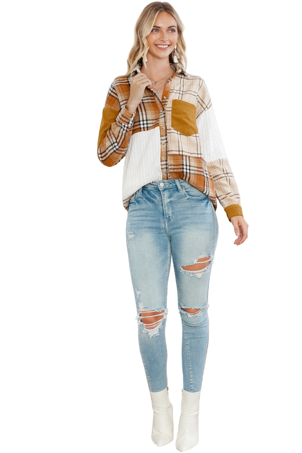 Orange Plaid Color Block Patchwork Pocket Shirt Shacket