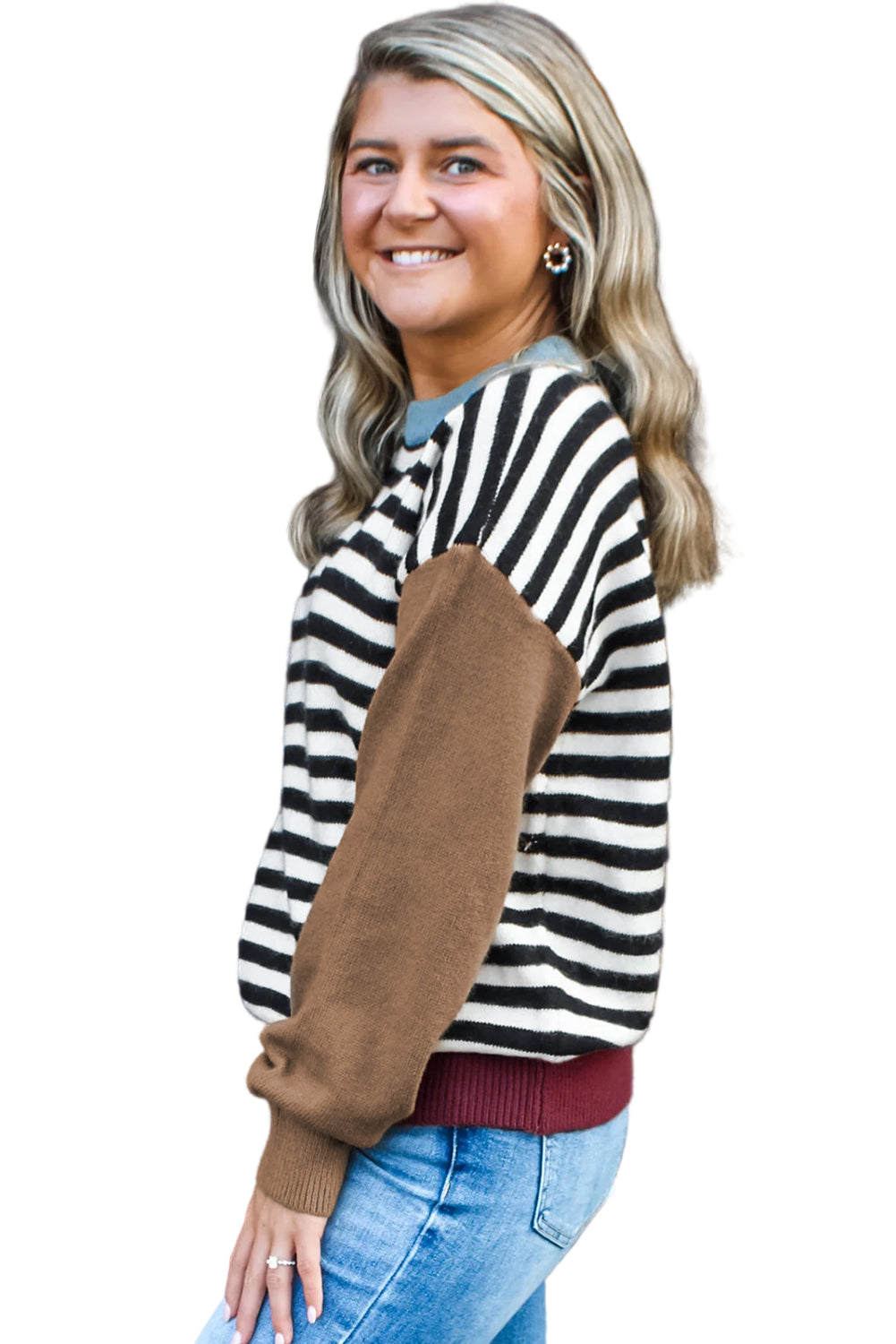 Black Striped Colorblock Patchwork Long Sleeve Sweater