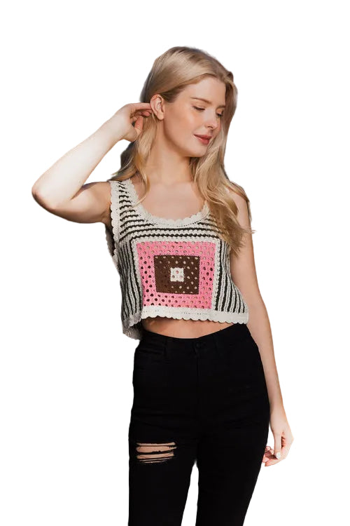 Bohemian Fusion Multi-Patterned Crochet Stitched Top