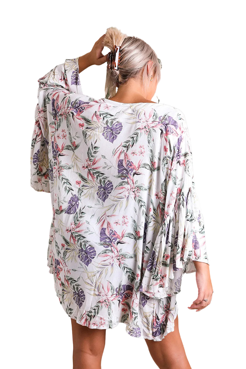 Tropical Leaves Draped Sleeve Kimono