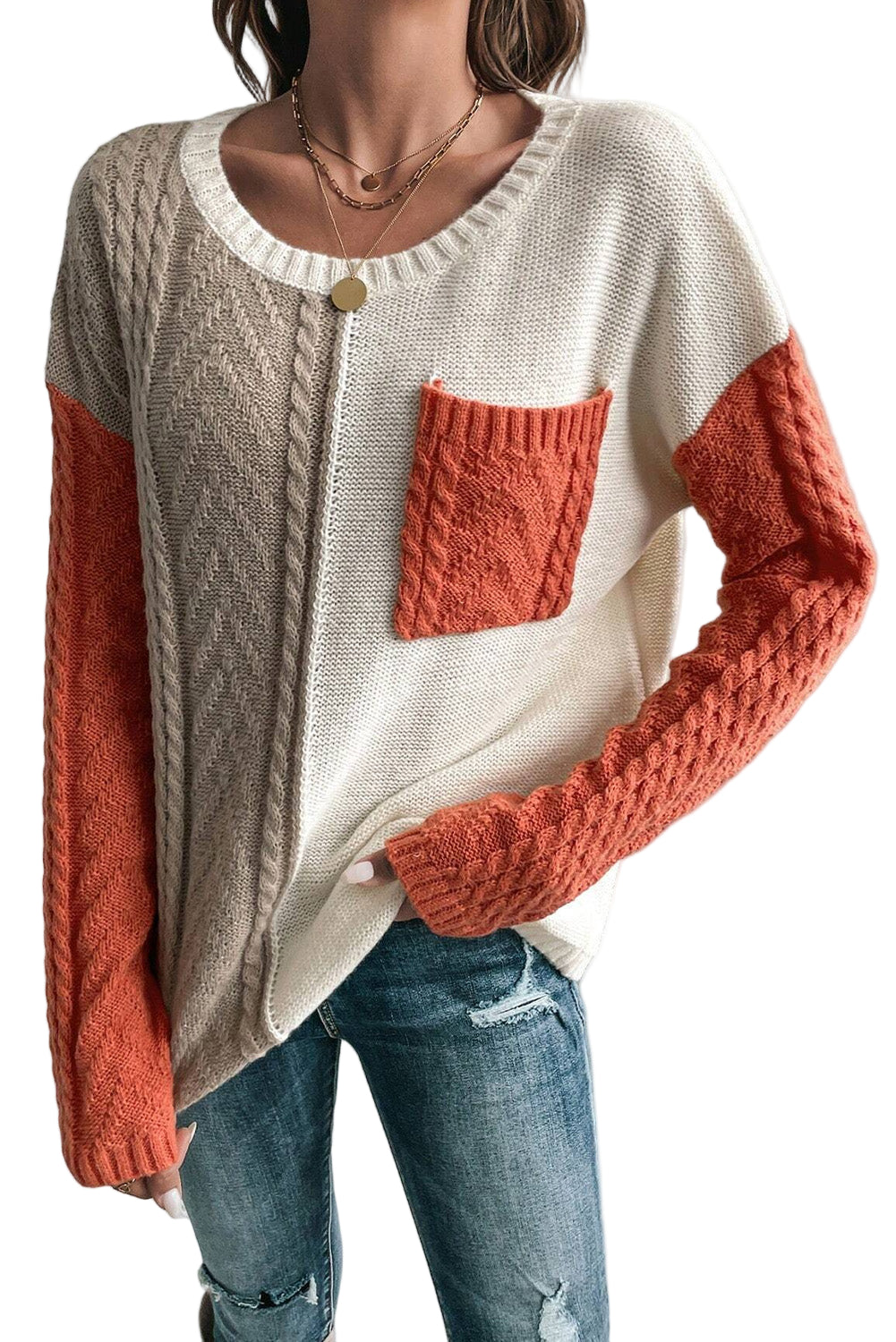 Vineyard Green Colorblock Pocket Drop Shoulder Sweater