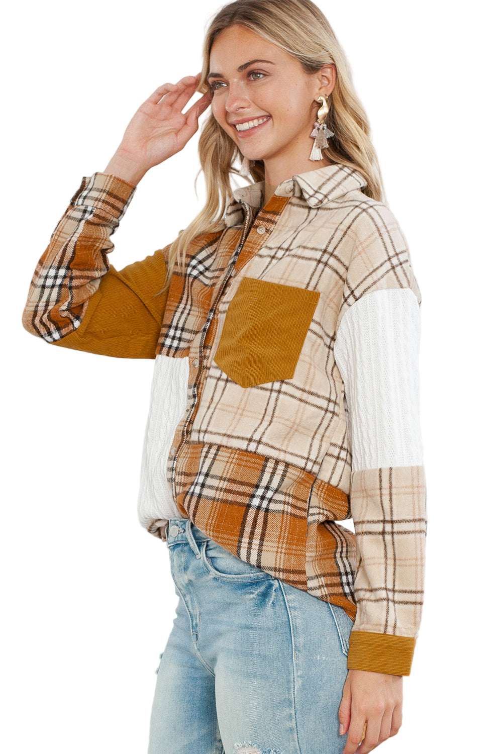 Orange Plaid Color Block Patchwork Pocket Shirt Shacket