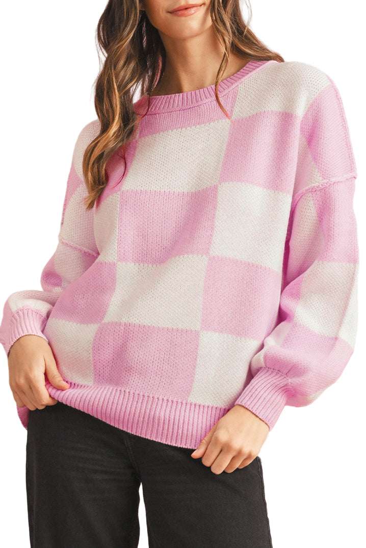 Dark Brown Plaid Bishop Sleeve Pullover Sweater