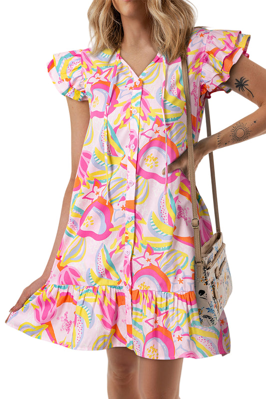 Pink Button Front Frill Neck Ruffle Trim Abstract Mini Dress