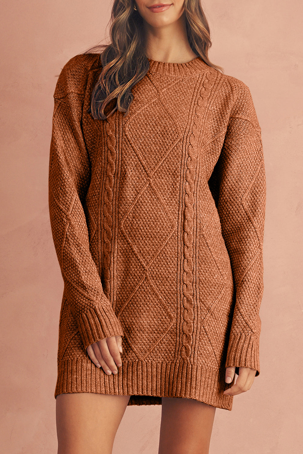 Mist Green Twist Cable Knit Drop Shoulder Loose Fit Sweater Dress