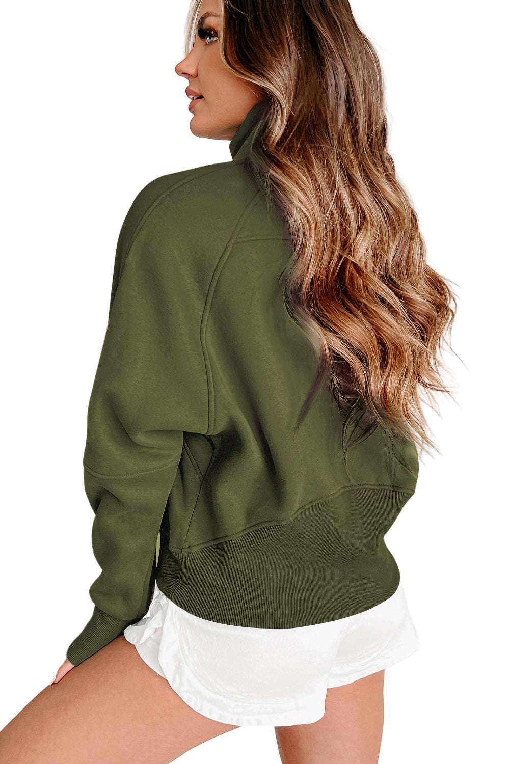 Gray Zip Up Stand Collar Ribbed Thumbhole Sleeve Sweatshirt