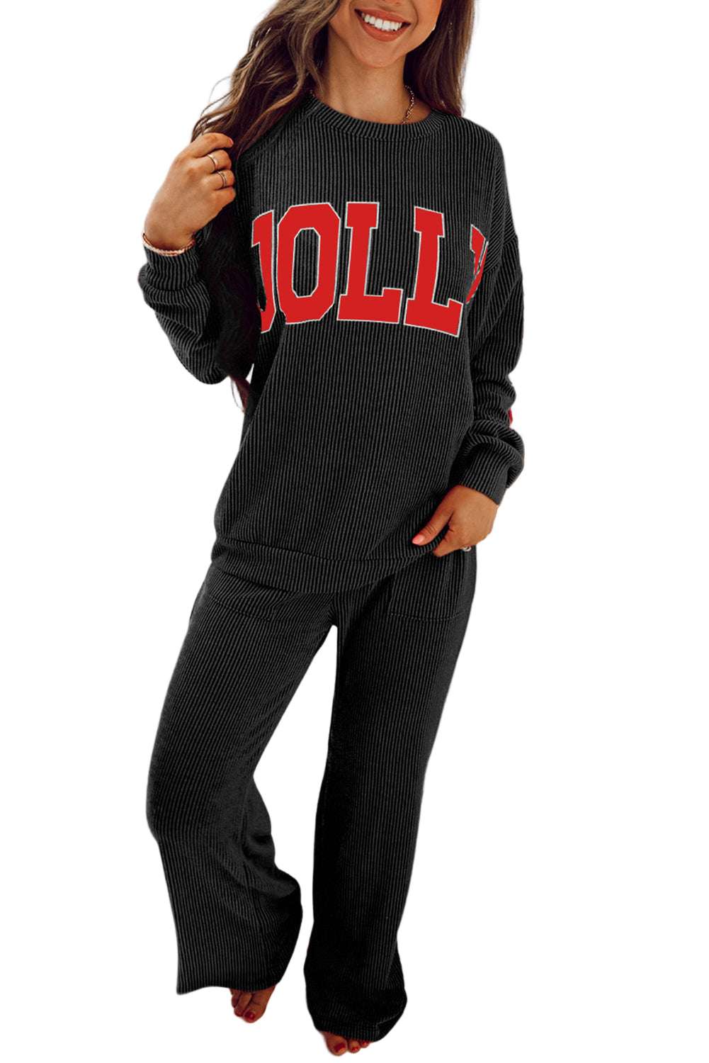 Evergreen Crinkle Rib JOLLY Pattern Long Sleeve Top and Pockets Pants Set