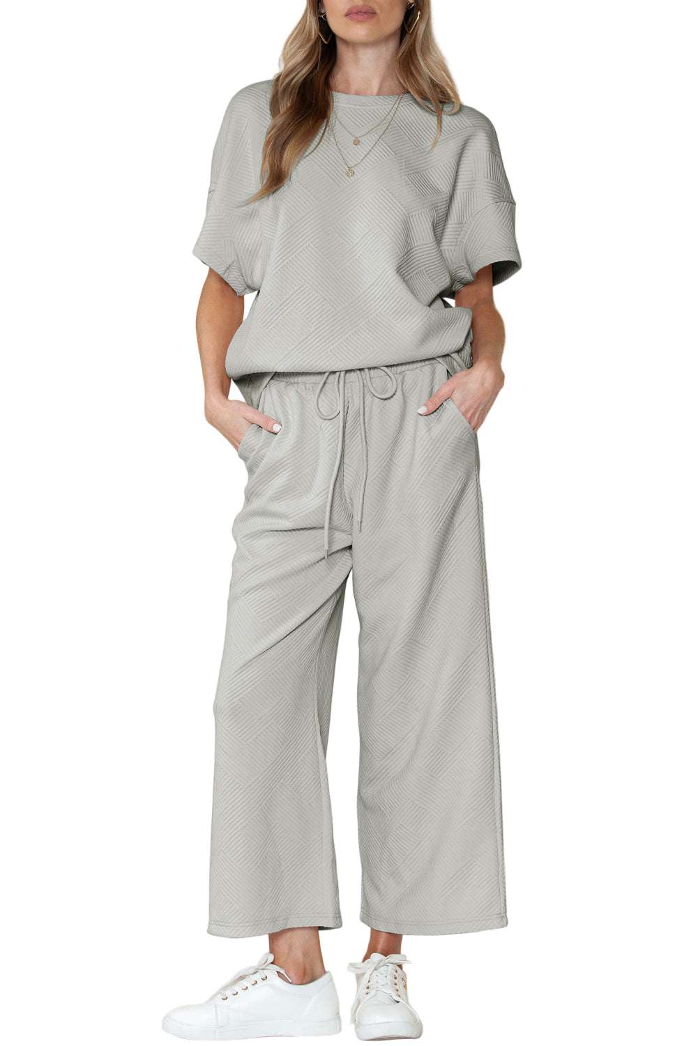 Black Textured Loose Fit T Shirt and Drawstring Pants Set