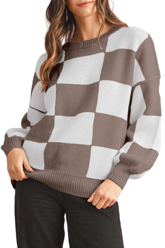 Dark Brown Plaid Bishop Sleeve Pullover Sweater