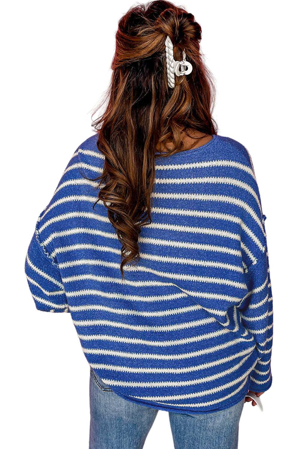 Green Stripe Casual Stripe Round Neck Drop Shoulder Sweater