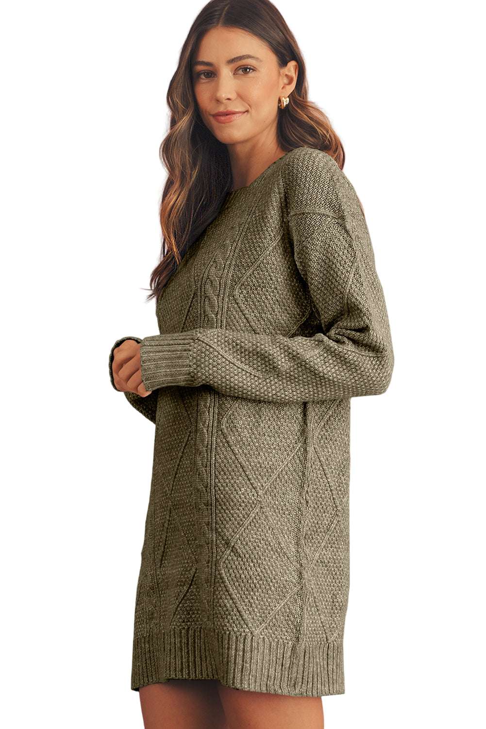 Mist Green Twist Cable Knit Drop Shoulder Loose Fit Sweater Dress