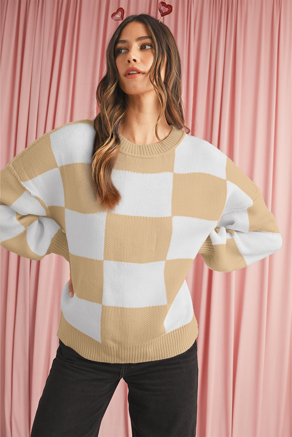 Dark Brown Plaid Bishop Sleeve Pullover Sweater