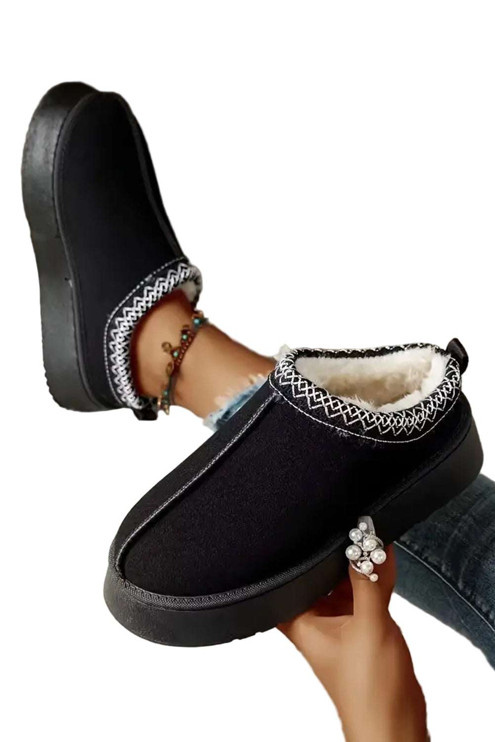 Chestnut Suede Contrast Print Round Toe Plush Lined Flats