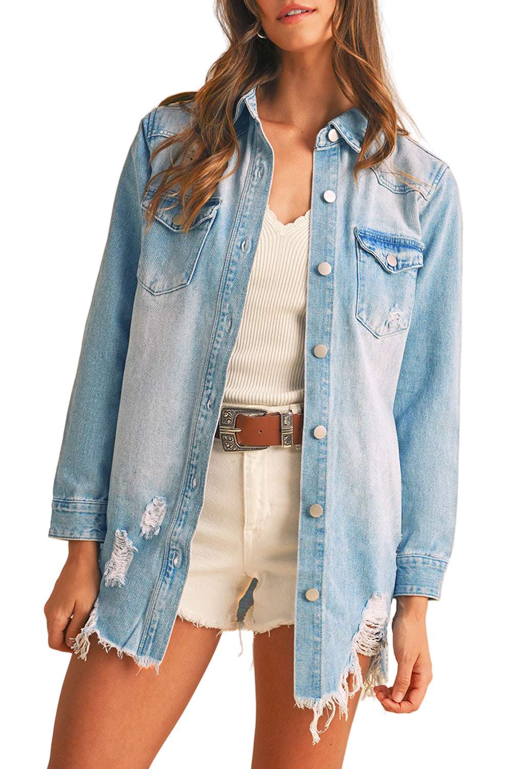 Beau Blue Light Wash Distressed Frayed Long Denim Shacket