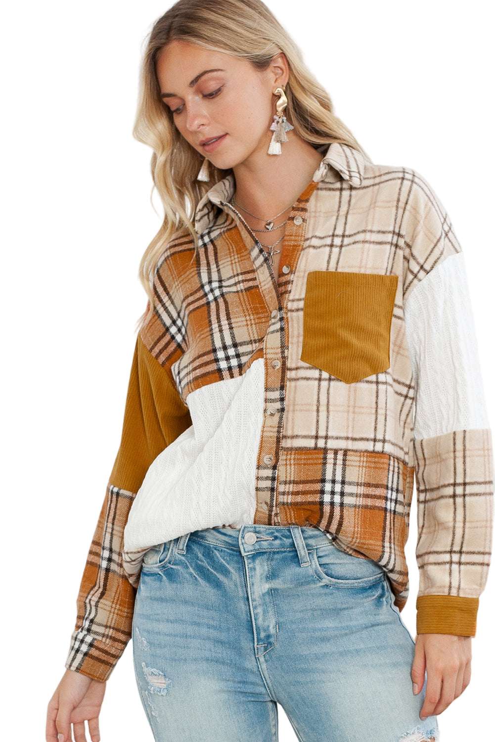 Orange Plaid Color Block Patchwork Pocket Shirt Shacket