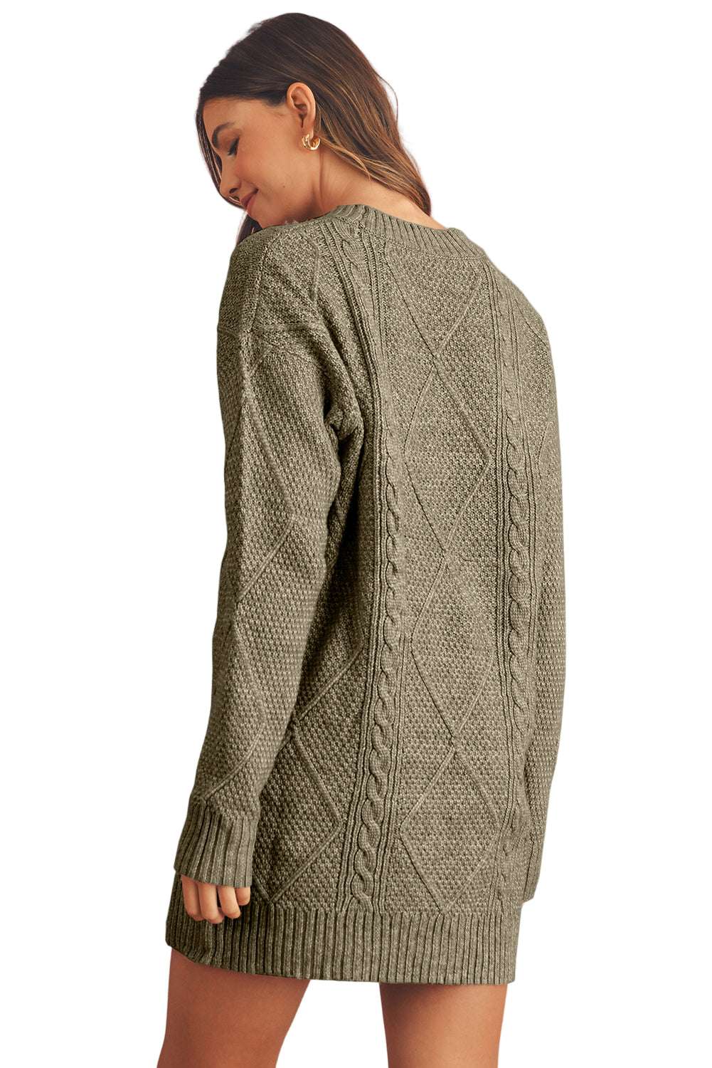 Mist Green Twist Cable Knit Drop Shoulder Loose Fit Sweater Dress
