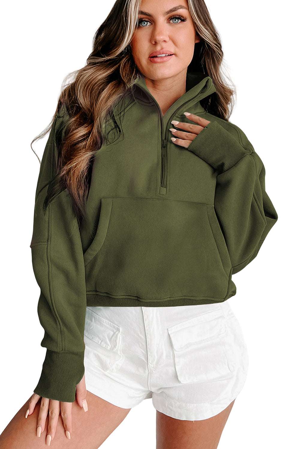 Gray Zip Up Stand Collar Ribbed Thumbhole Sleeve Sweatshirt