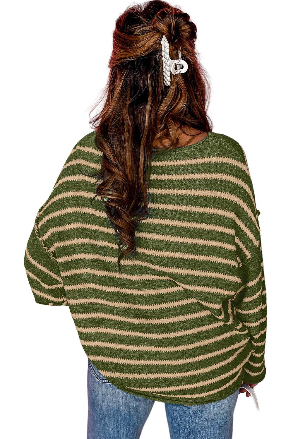 Green Stripe Casual Stripe Round Neck Drop Shoulder Sweater