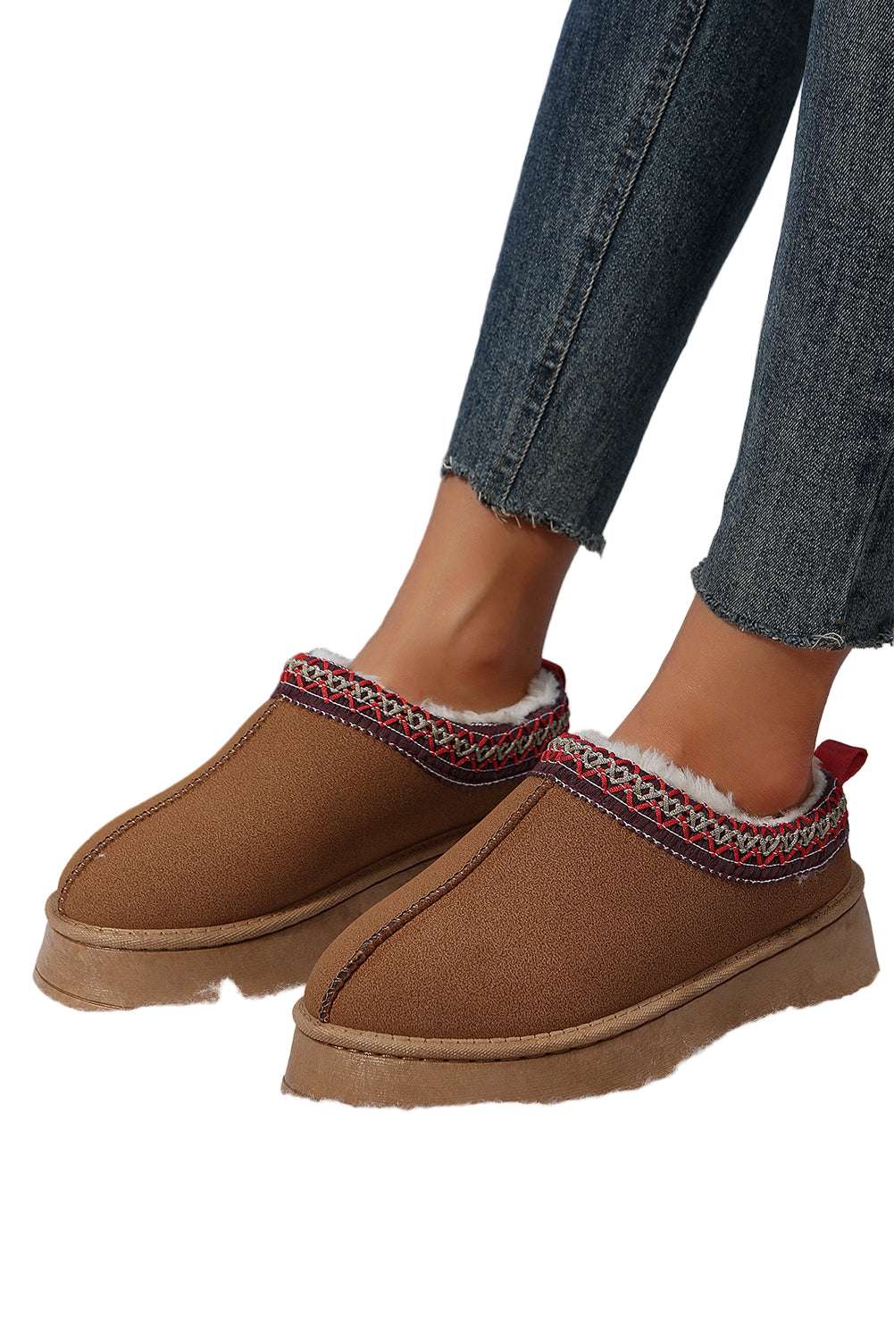 Chestnut Suede Contrast Print Round Toe Plush Lined Flats
