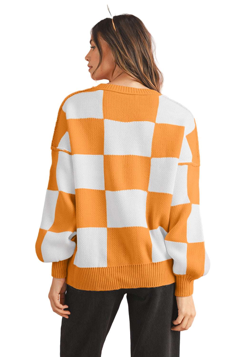 Dark Brown Plaid Bishop Sleeve Pullover Sweater