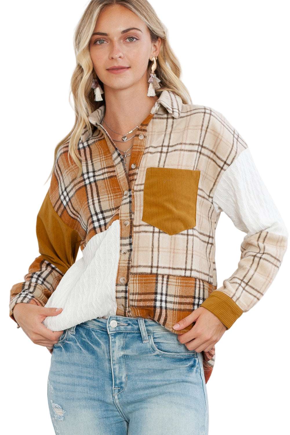Orange Plaid Color Block Patchwork Pocket Shirt Shacket