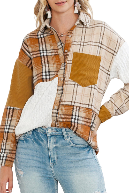 Orange Plaid Color Block Patchwork Pocket Shirt Shacket