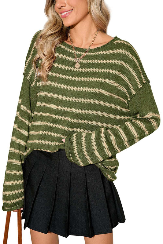 Green Stripe Casual Stripe Round Neck Drop Shoulder Sweater