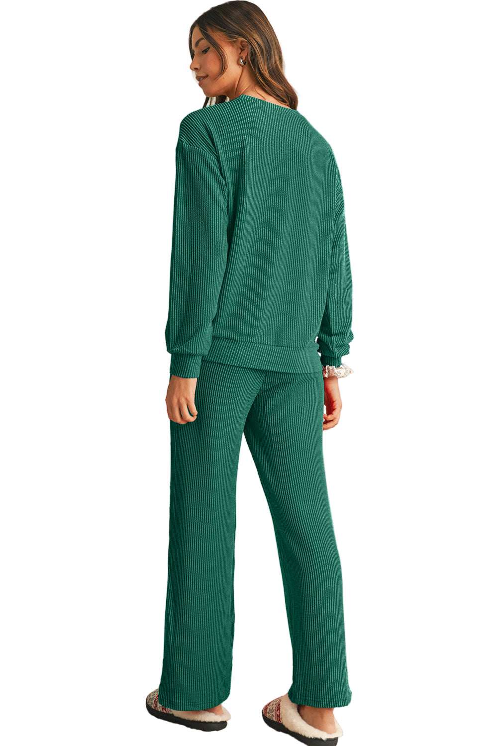 Evergreen Crinkle Rib JOLLY Pattern Long Sleeve Top and Pockets Pants Set