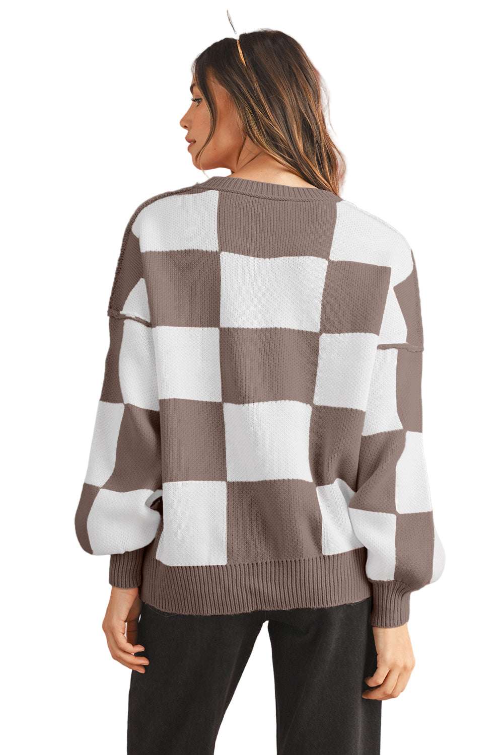 Dark Brown Plaid Bishop Sleeve Pullover Sweater