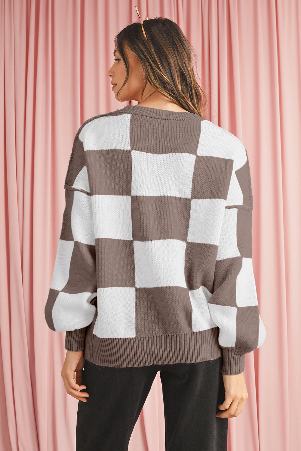 Dark Brown Plaid Bishop Sleeve Pullover Sweater