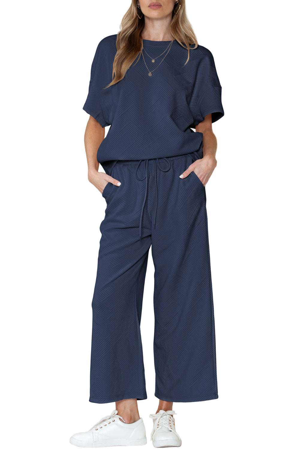 Black Textured Loose Fit T Shirt and Drawstring Pants Set