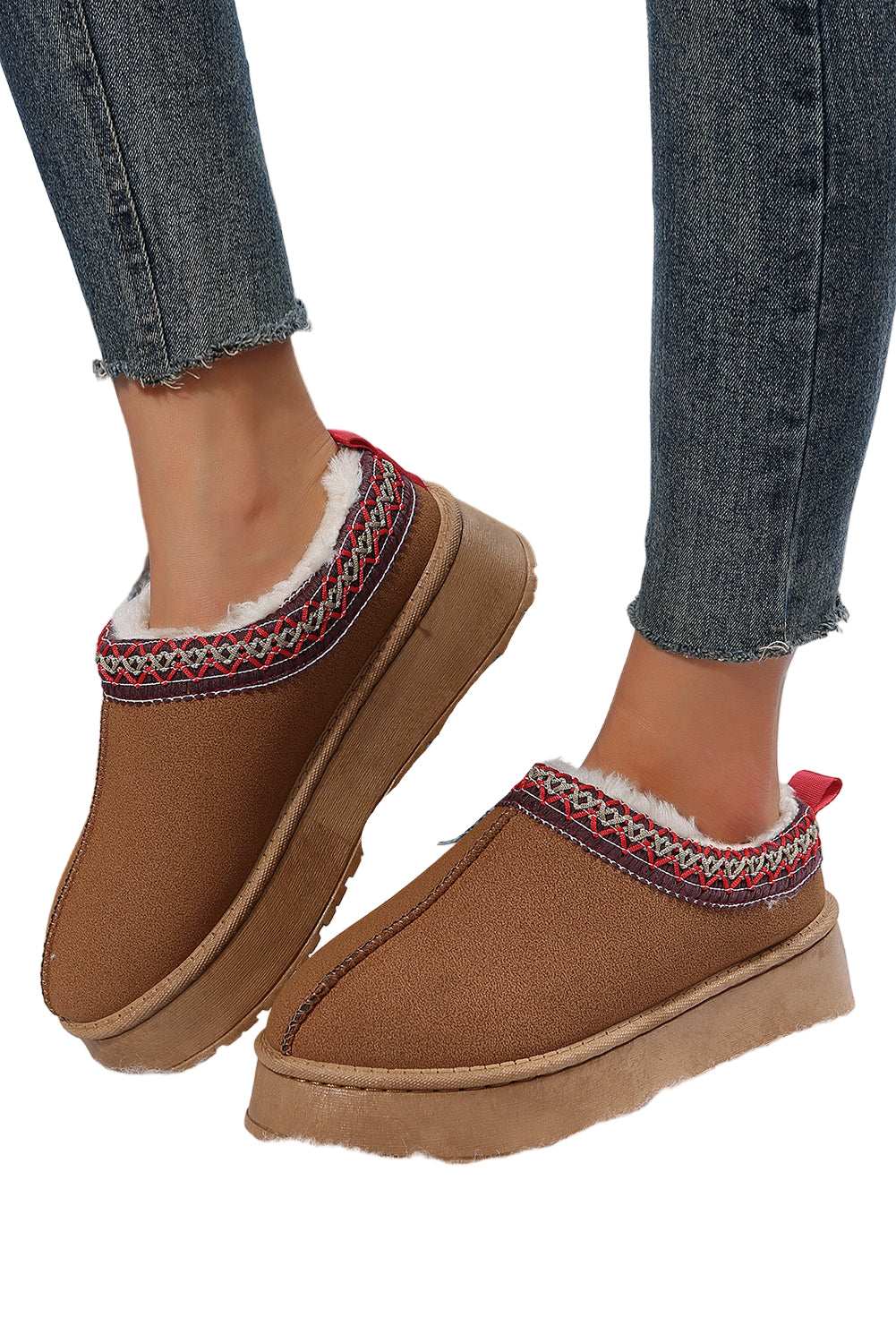 Chestnut Suede Contrast Print Round Toe Plush Lined Flats
