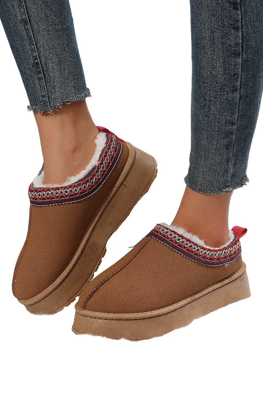Chestnut Suede Contrast Print Round Toe Plush Lined Flats