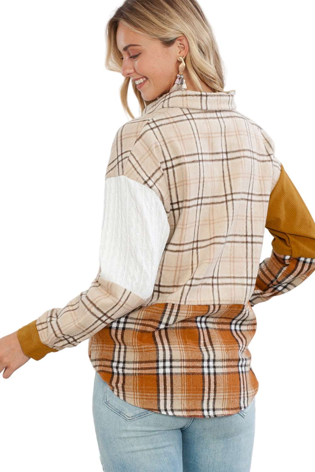 Orange Plaid Color Block Patchwork Pocket Shirt Shacket