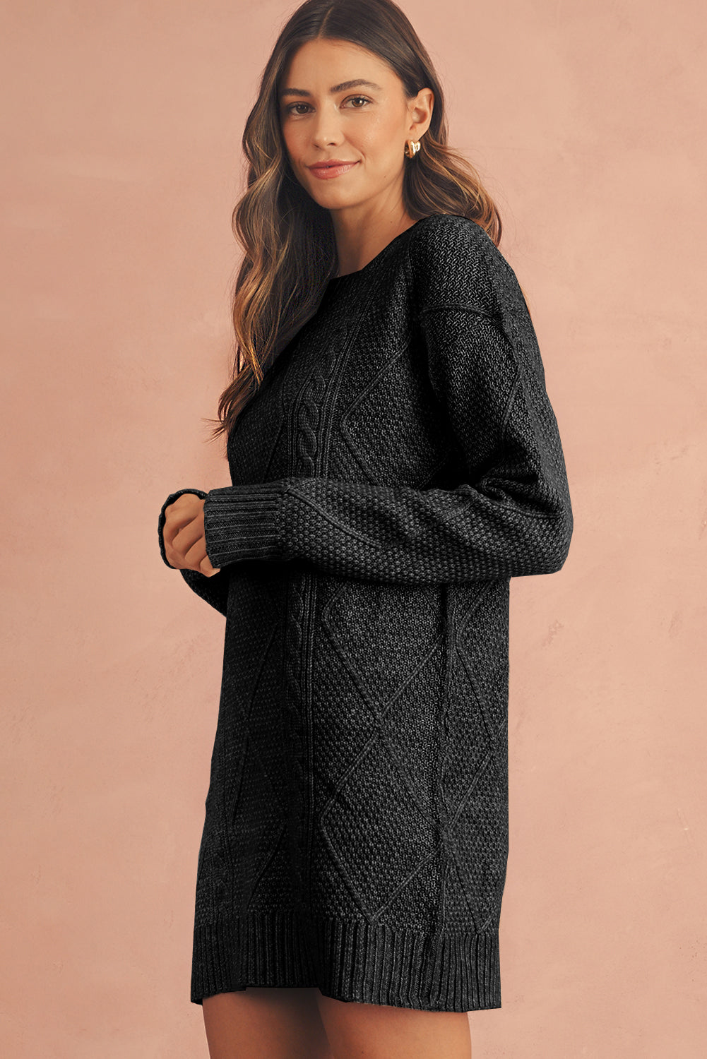 Mist Green Twist Cable Knit Drop Shoulder Loose Fit Sweater Dress