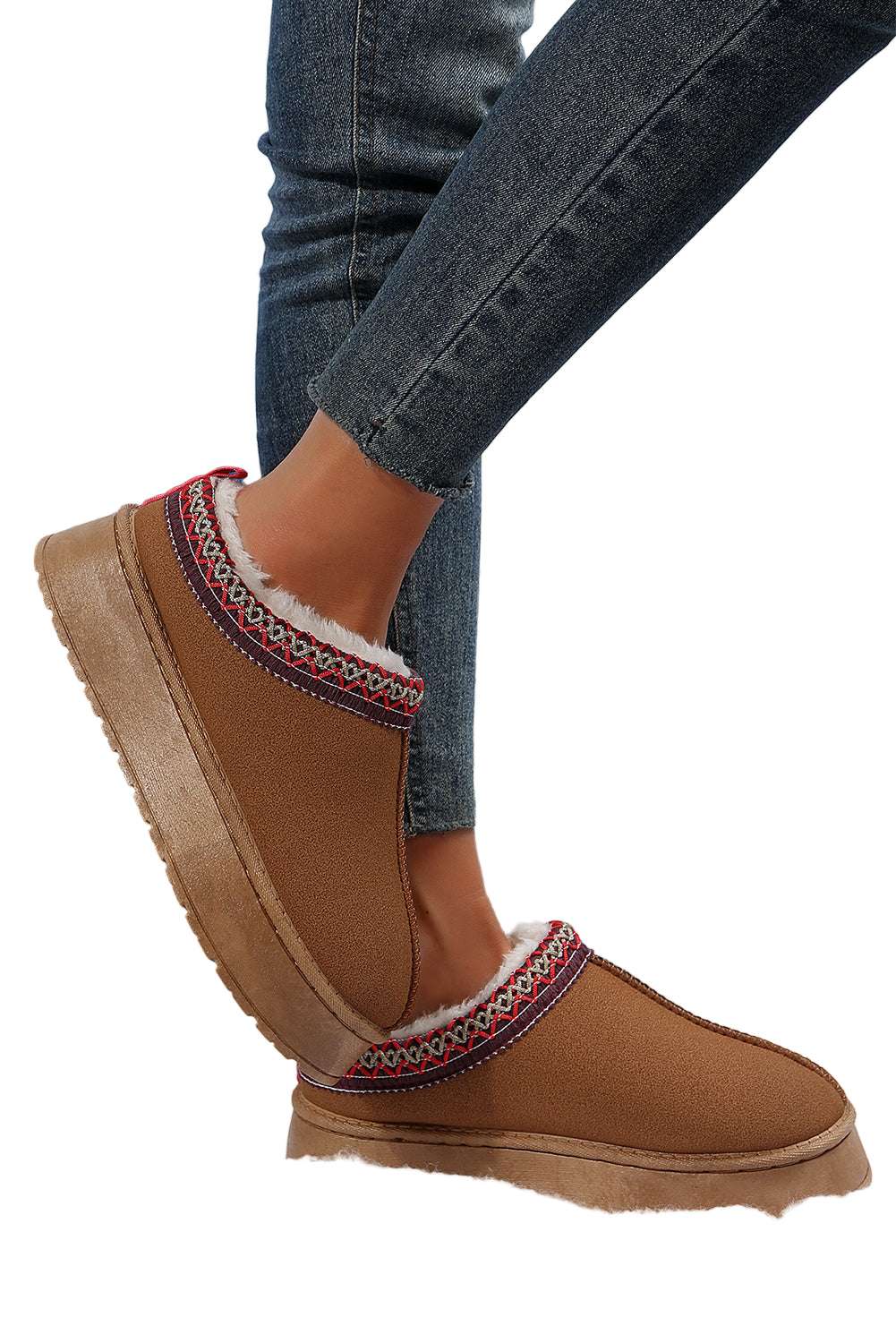 Chestnut Suede Contrast Print Round Toe Plush Lined Flats