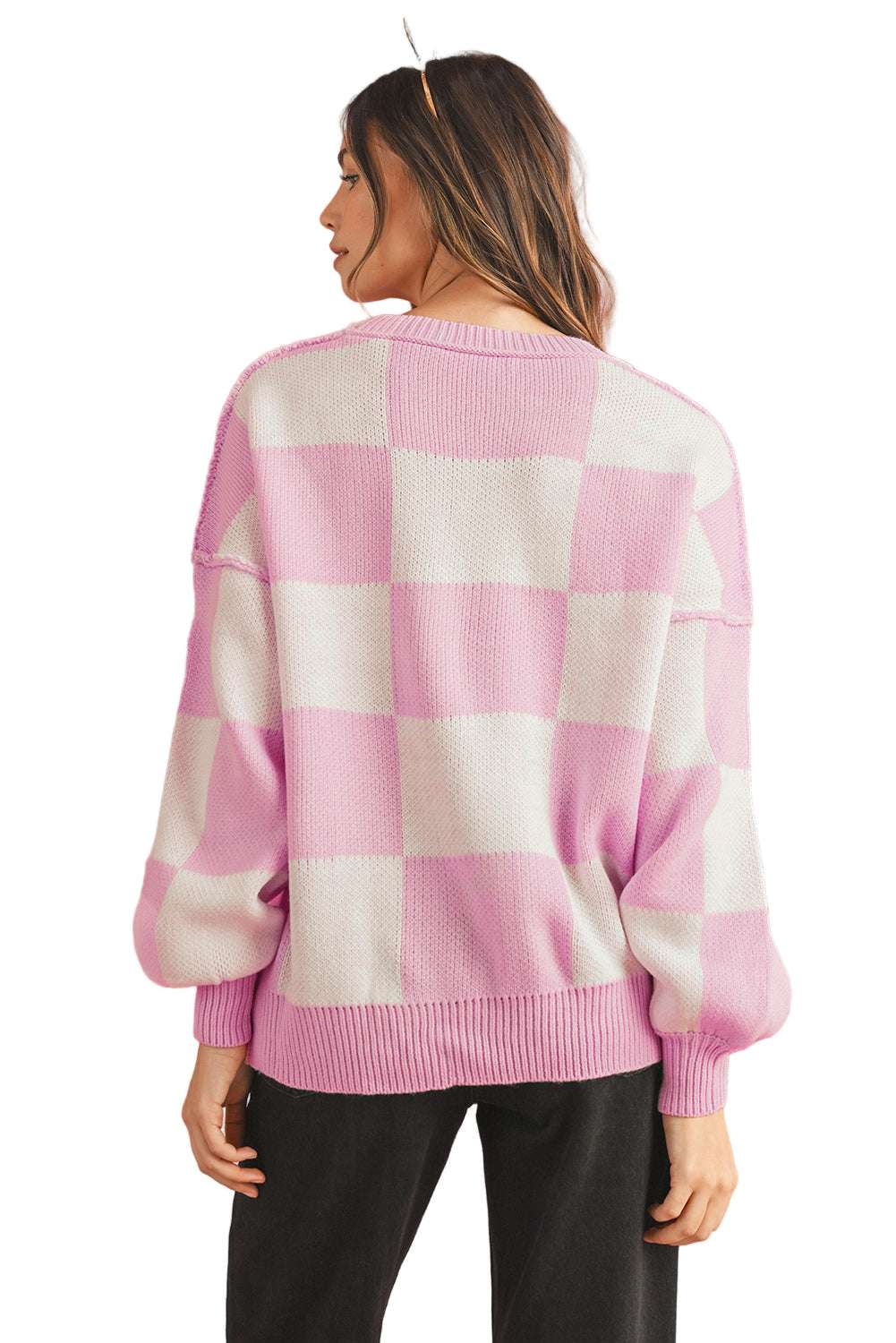 Dark Brown Plaid Bishop Sleeve Pullover Sweater