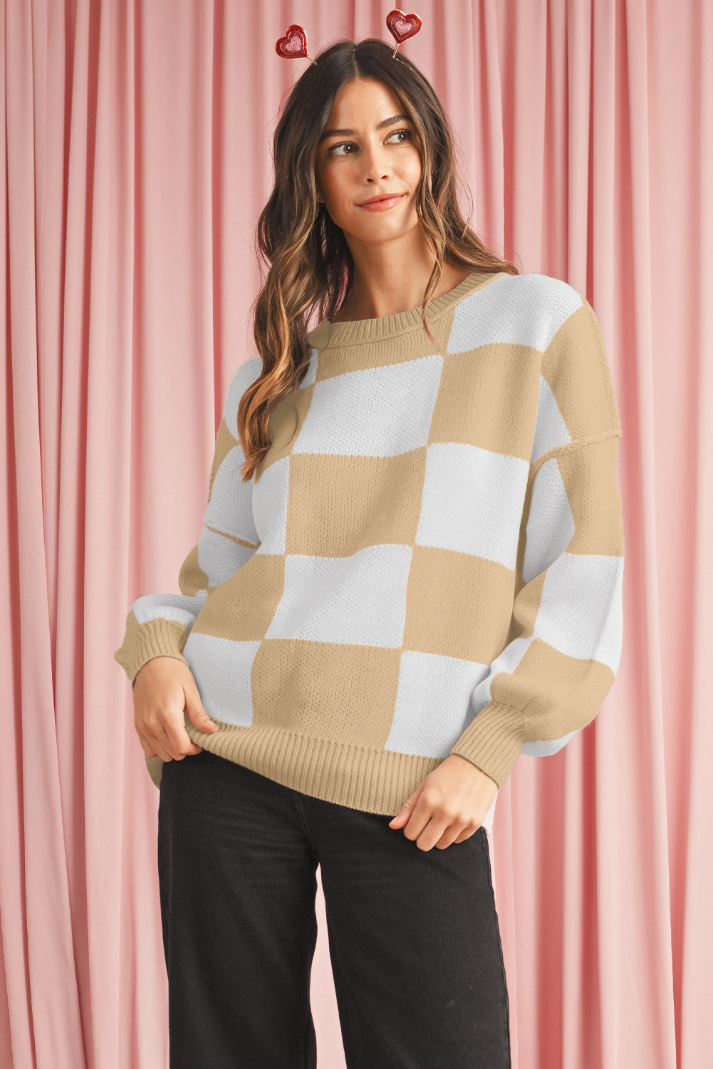 Dark Brown Plaid Bishop Sleeve Pullover Sweater