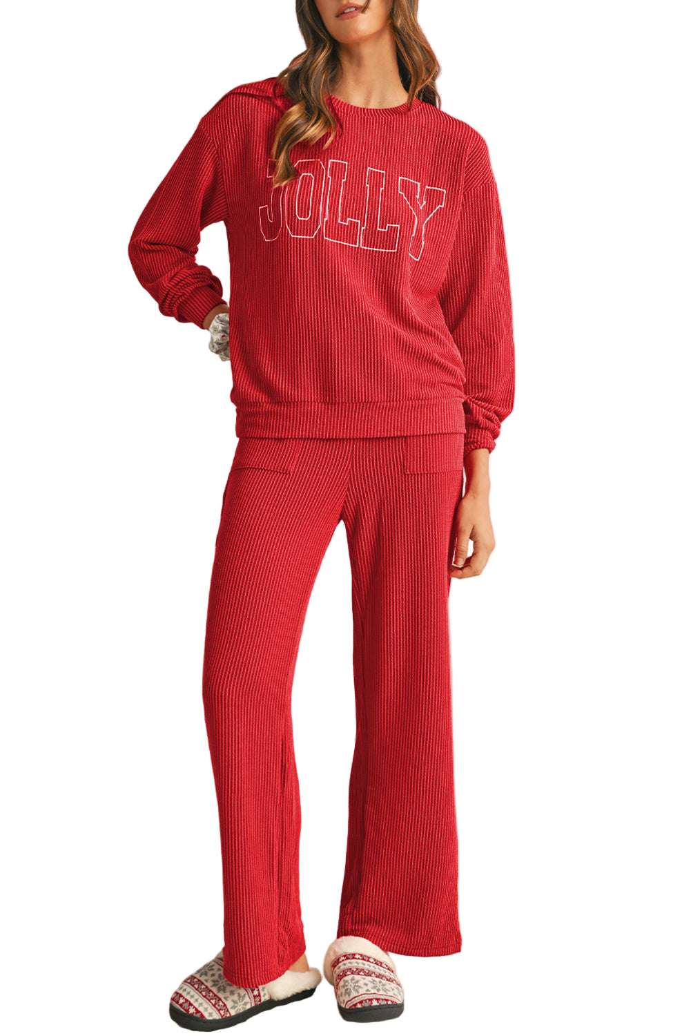 Evergreen Crinkle Rib JOLLY Pattern Long Sleeve Top and Pockets Pants Set
