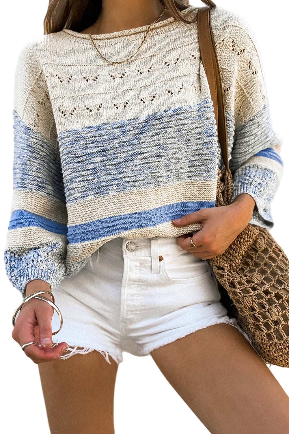 Light Blue Striped Hollow Out Puff Sleeve Sweater