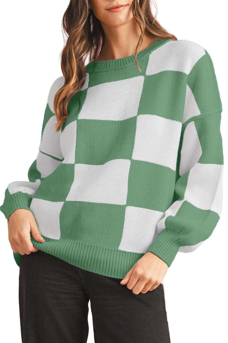 Dark Brown Plaid Bishop Sleeve Pullover Sweater