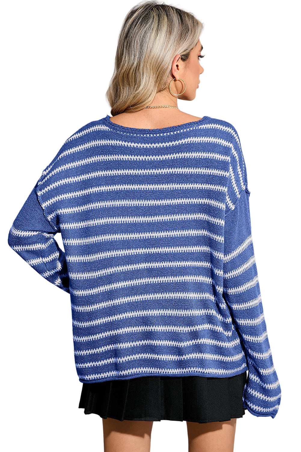 Green Stripe Casual Stripe Round Neck Drop Shoulder Sweater