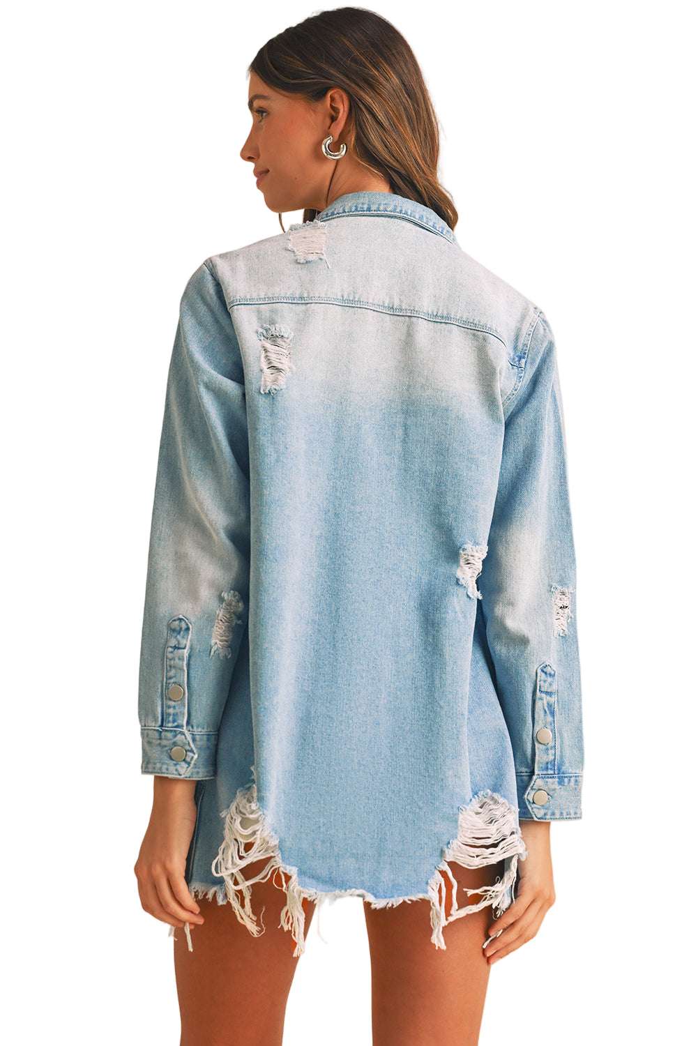 Beau Blue Light Wash Distressed Frayed Long Denim Shacket