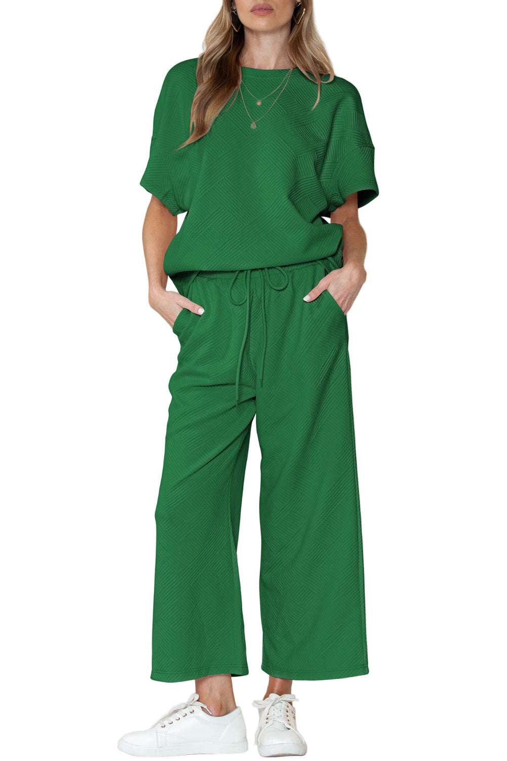 Black Textured Loose Fit T Shirt and Drawstring Pants Set