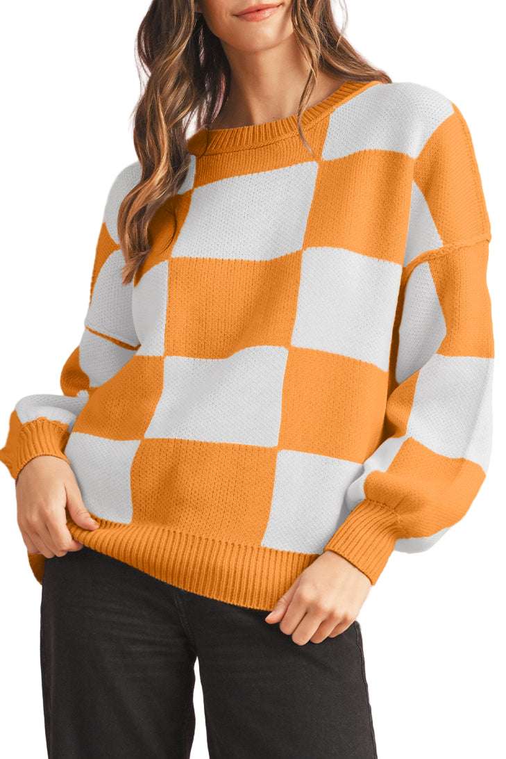 Dark Brown Plaid Bishop Sleeve Pullover Sweater