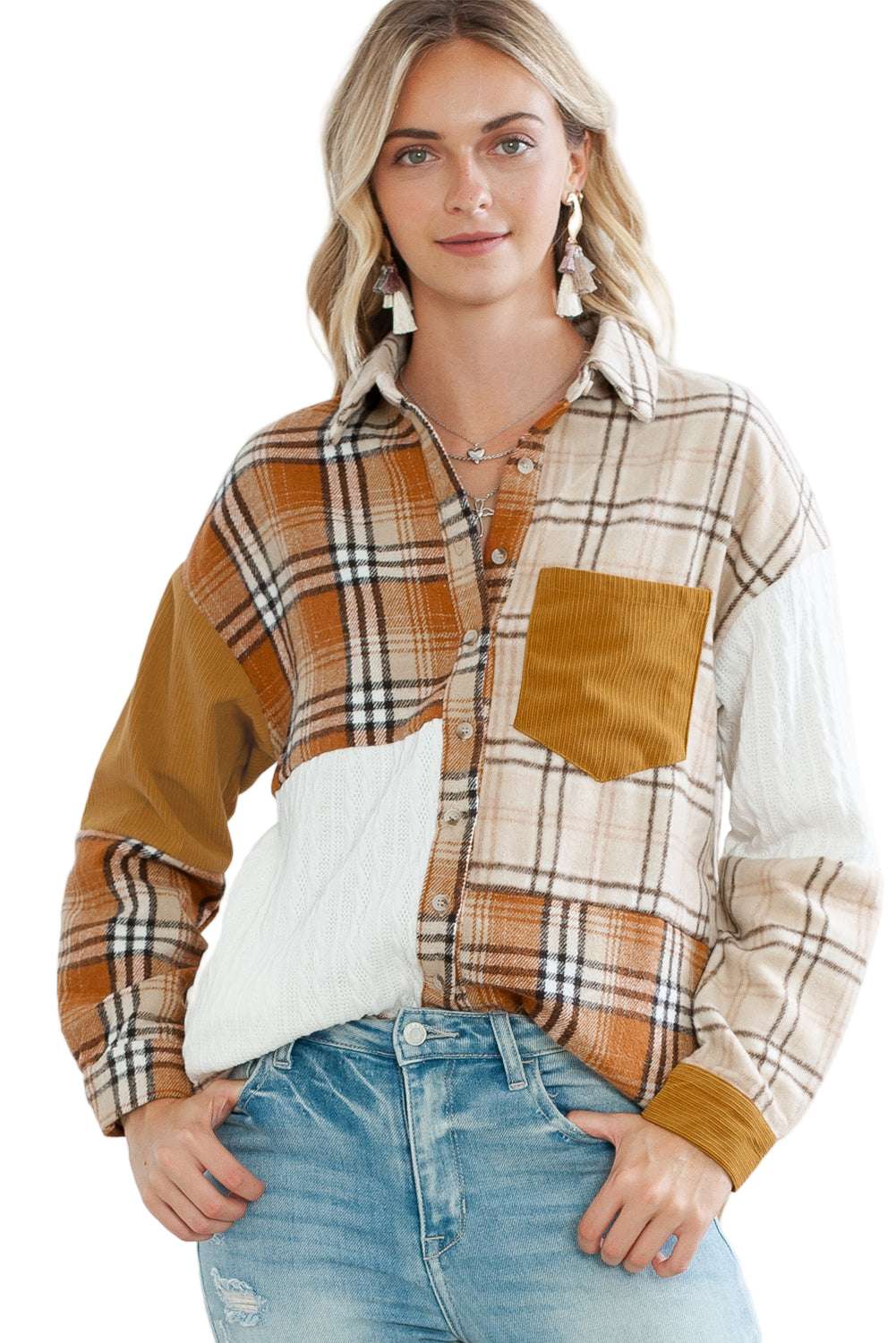 Orange Plaid Color Block Patchwork Pocket Shirt Shacket