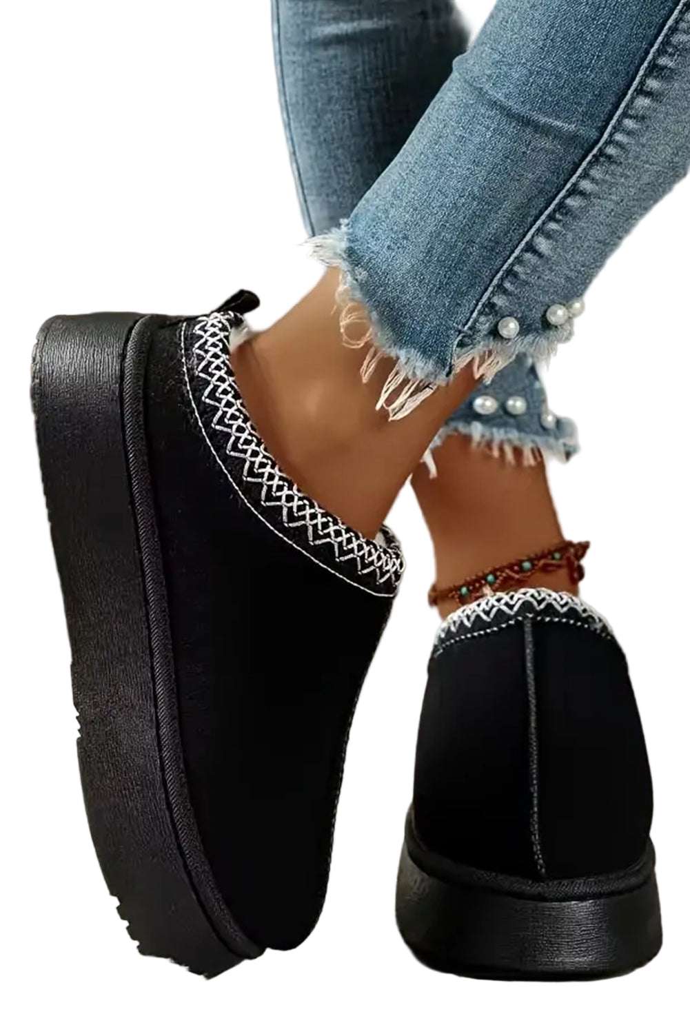 Chestnut Suede Contrast Print Round Toe Plush Lined Flats