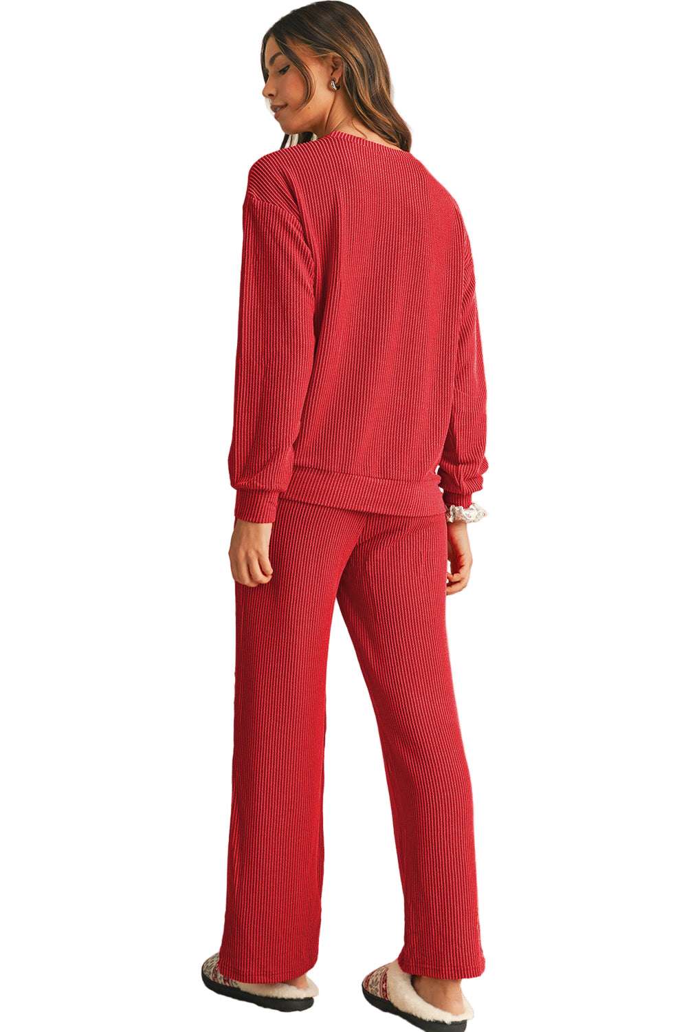 Evergreen Crinkle Rib JOLLY Pattern Long Sleeve Top and Pockets Pants Set