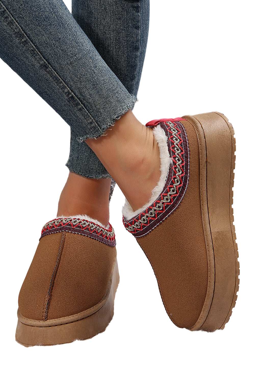 Chestnut Suede Contrast Print Round Toe Plush Lined Flats